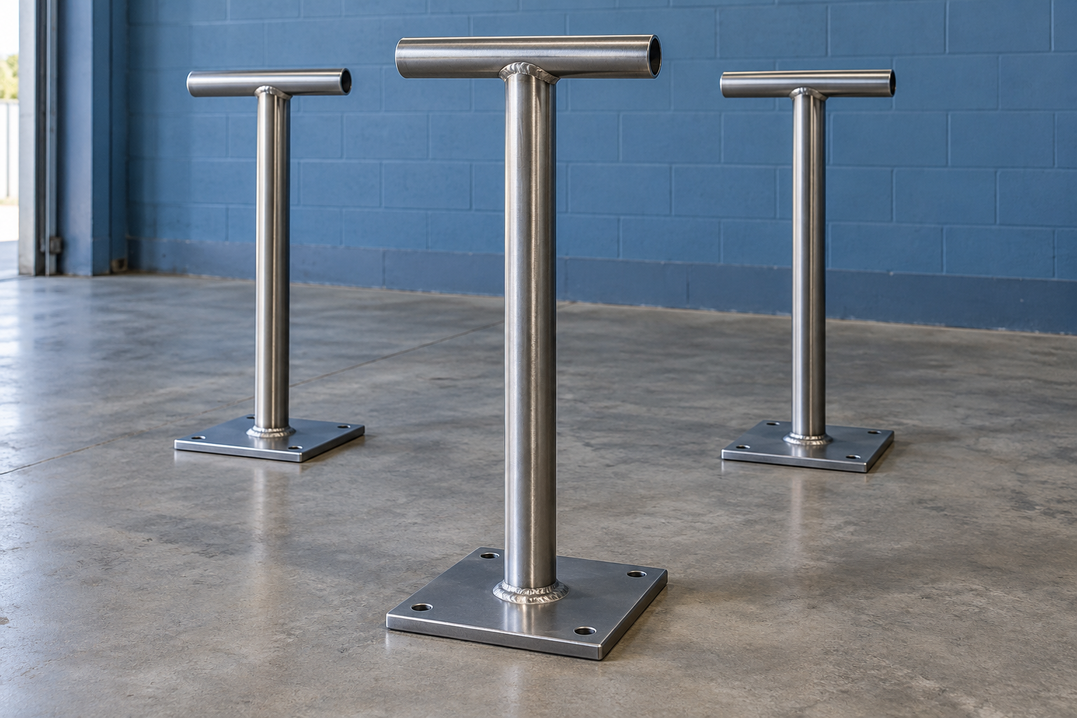 Illustrative view of steel instrument stands with base plates and mounting crossbars