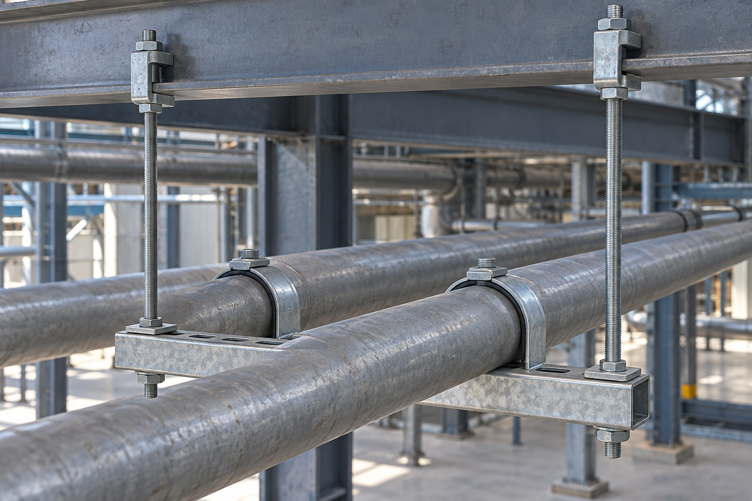Illustration of an overhead steel hanger assembly supporting industrial pipes
